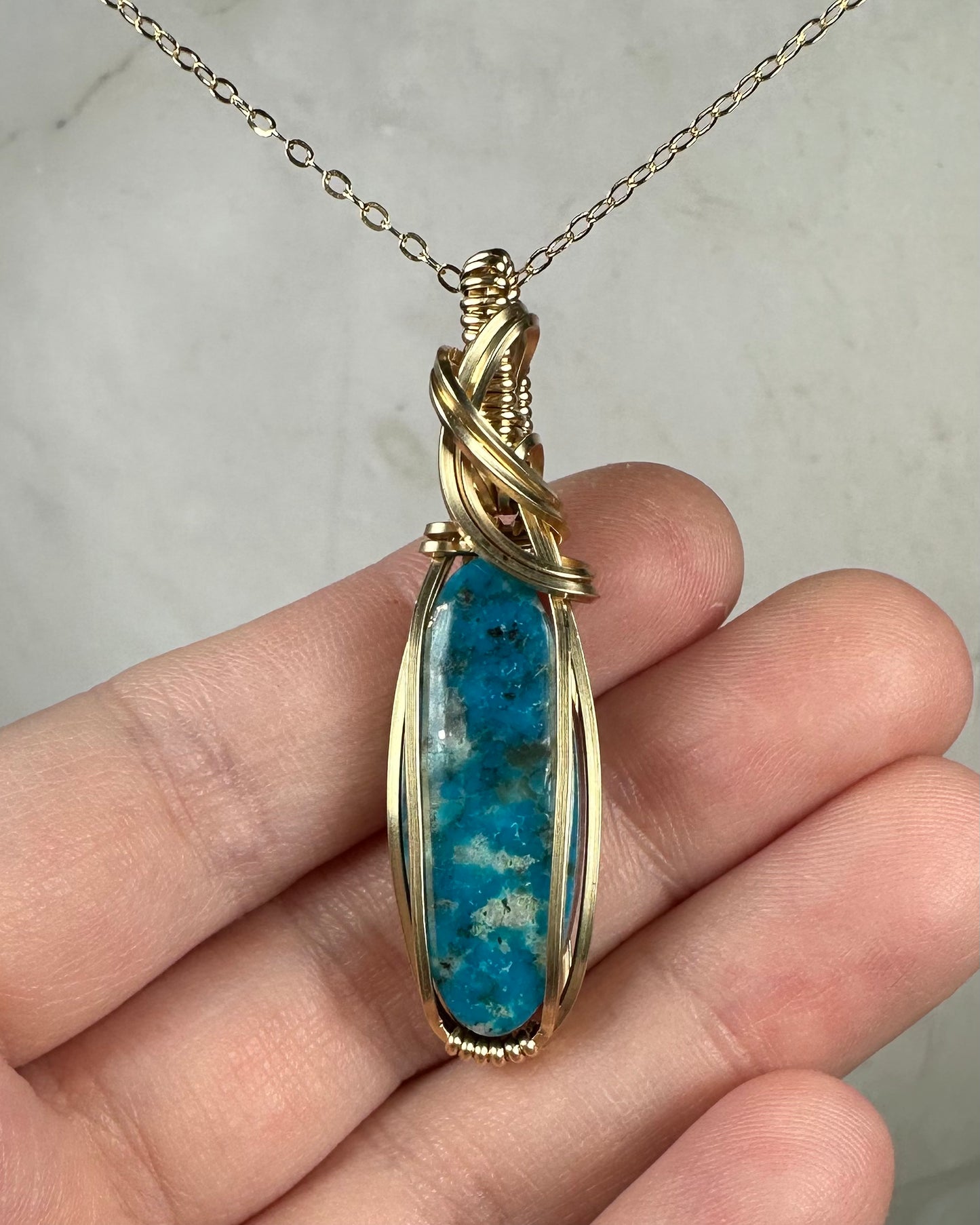 Wire-Wrapped Ithaca Peak Turquoise with Pyrite Pendant in 14k Goldfill