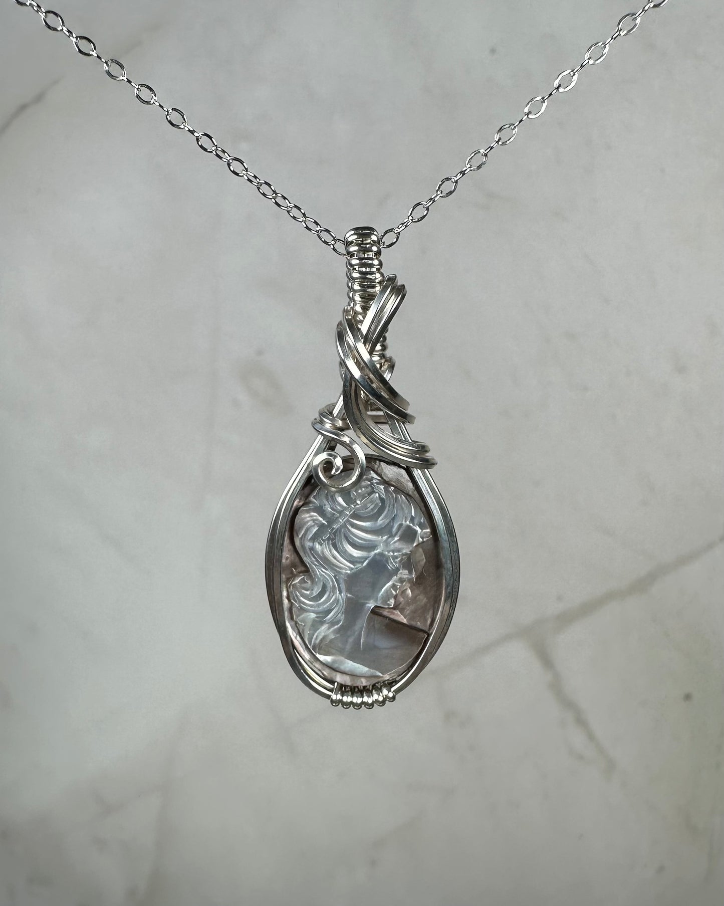 Sterling Silver Wire-Wrapped Vintage Mother of Pearl Carved Cameo Pendant