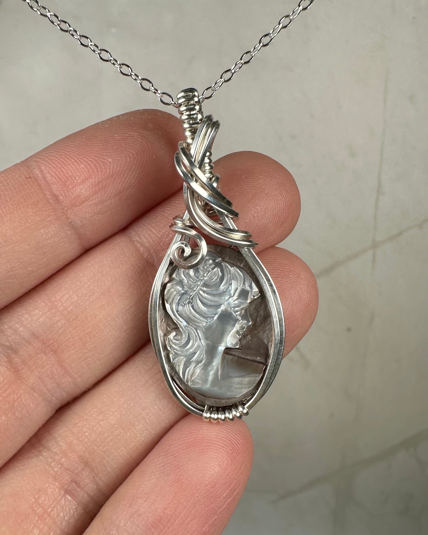 Sterling Silver Wire-Wrapped Vintage Mother of Pearl Carved Cameo Pendant