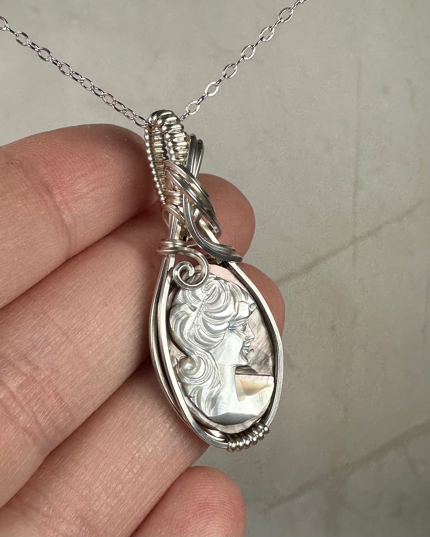Sterling Silver Wire-Wrapped Vintage Mother of Pearl Carved Cameo Pendant