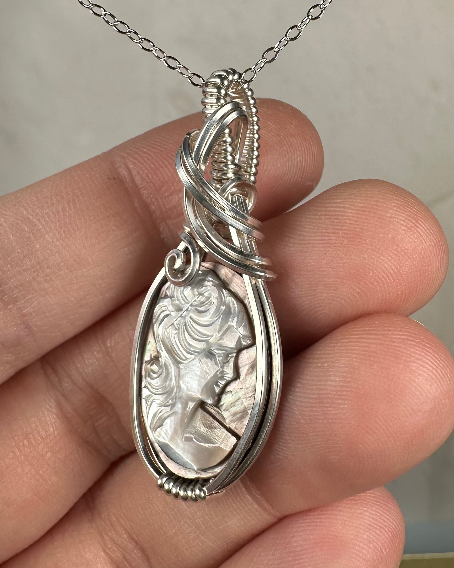 Sterling Silver Wire-Wrapped Vintage Mother of Pearl Carved Cameo Pendant