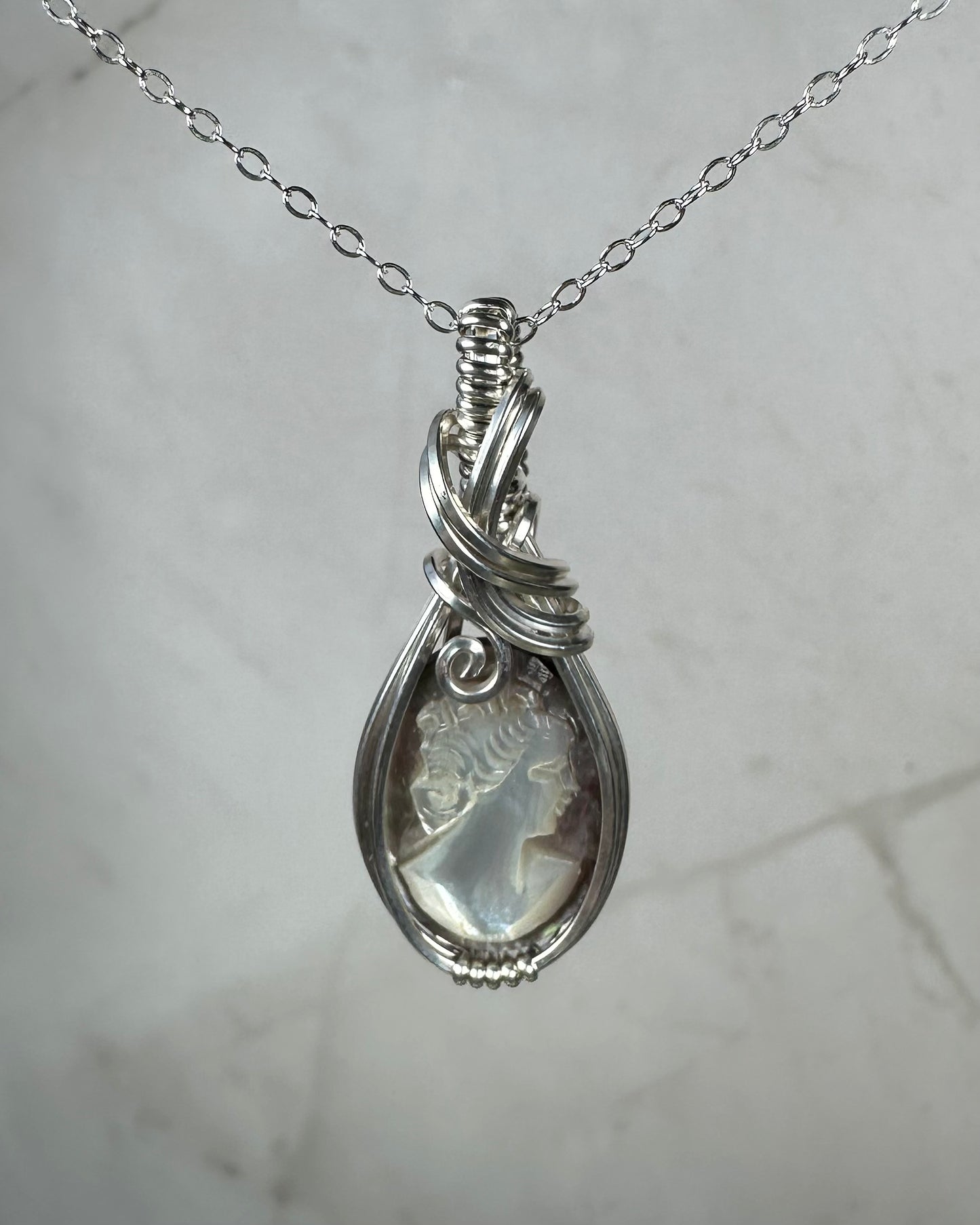 Sterling Silver Wire-Wrapped Vintage Mother of Pearl Carved Cameo Pendant