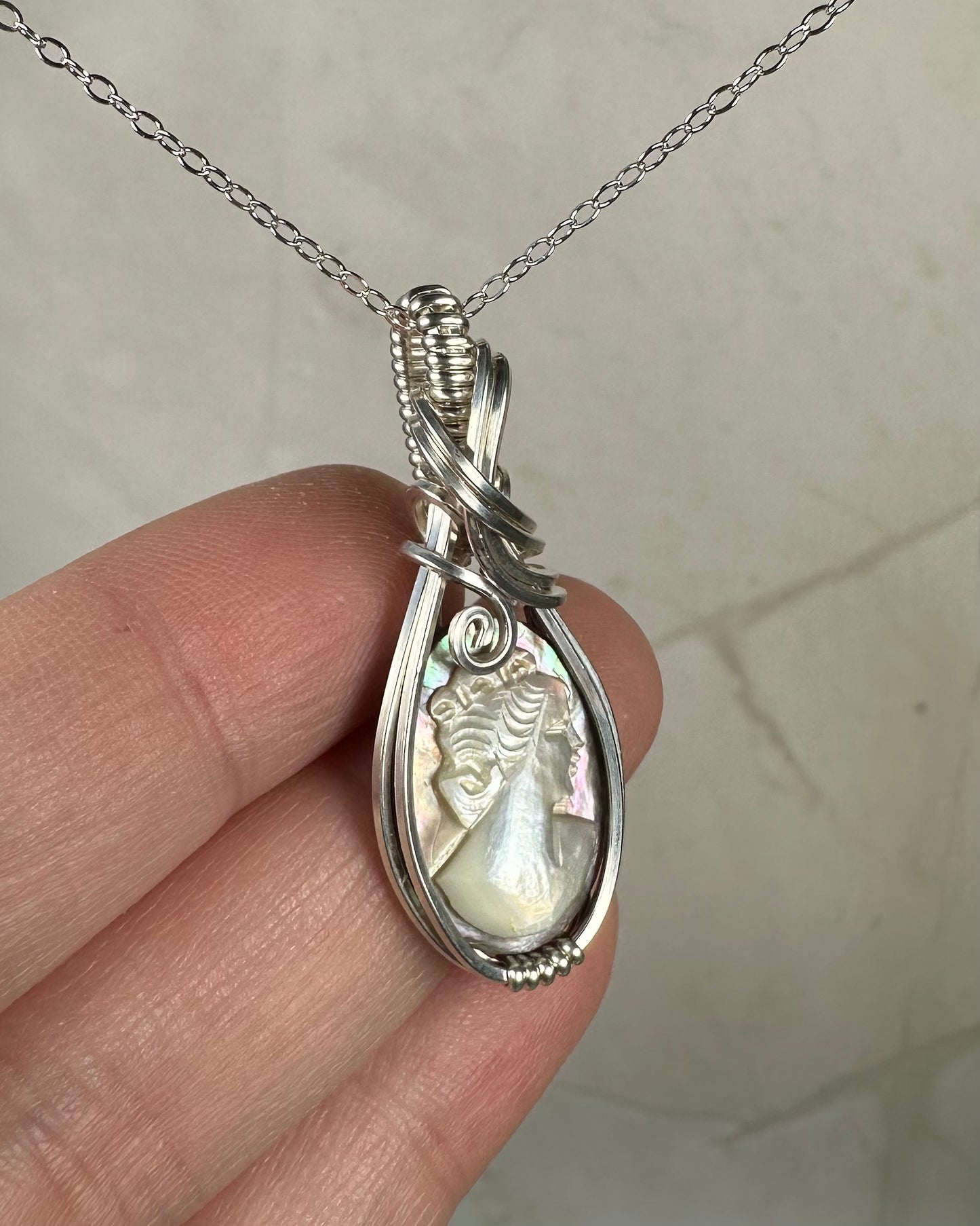 Sterling Silver Wire-Wrapped Vintage Mother of Pearl Carved Cameo Pendant