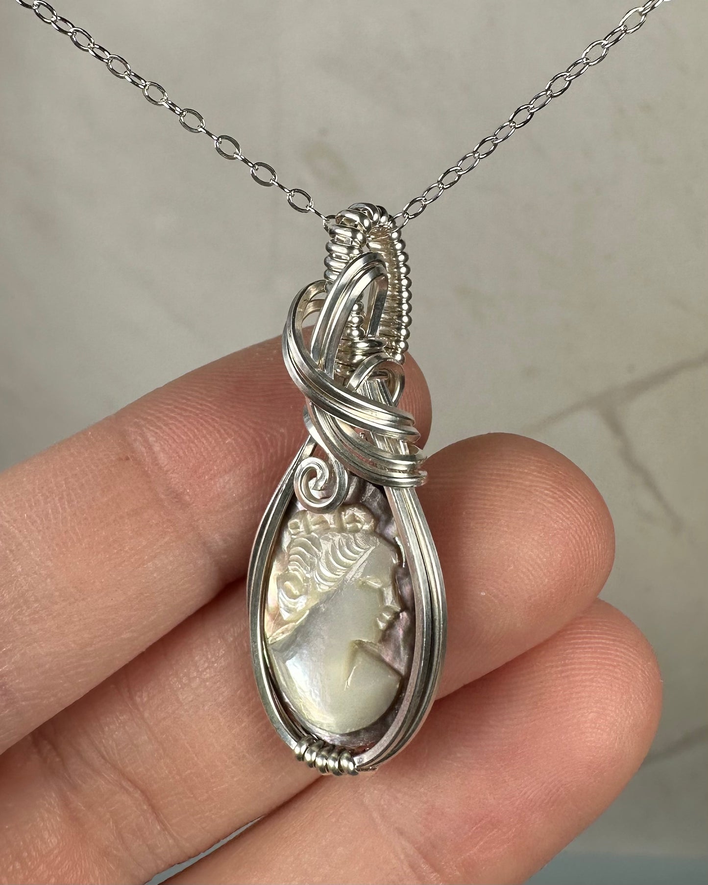 Sterling Silver Wire-Wrapped Vintage Mother of Pearl Carved Cameo Pendant