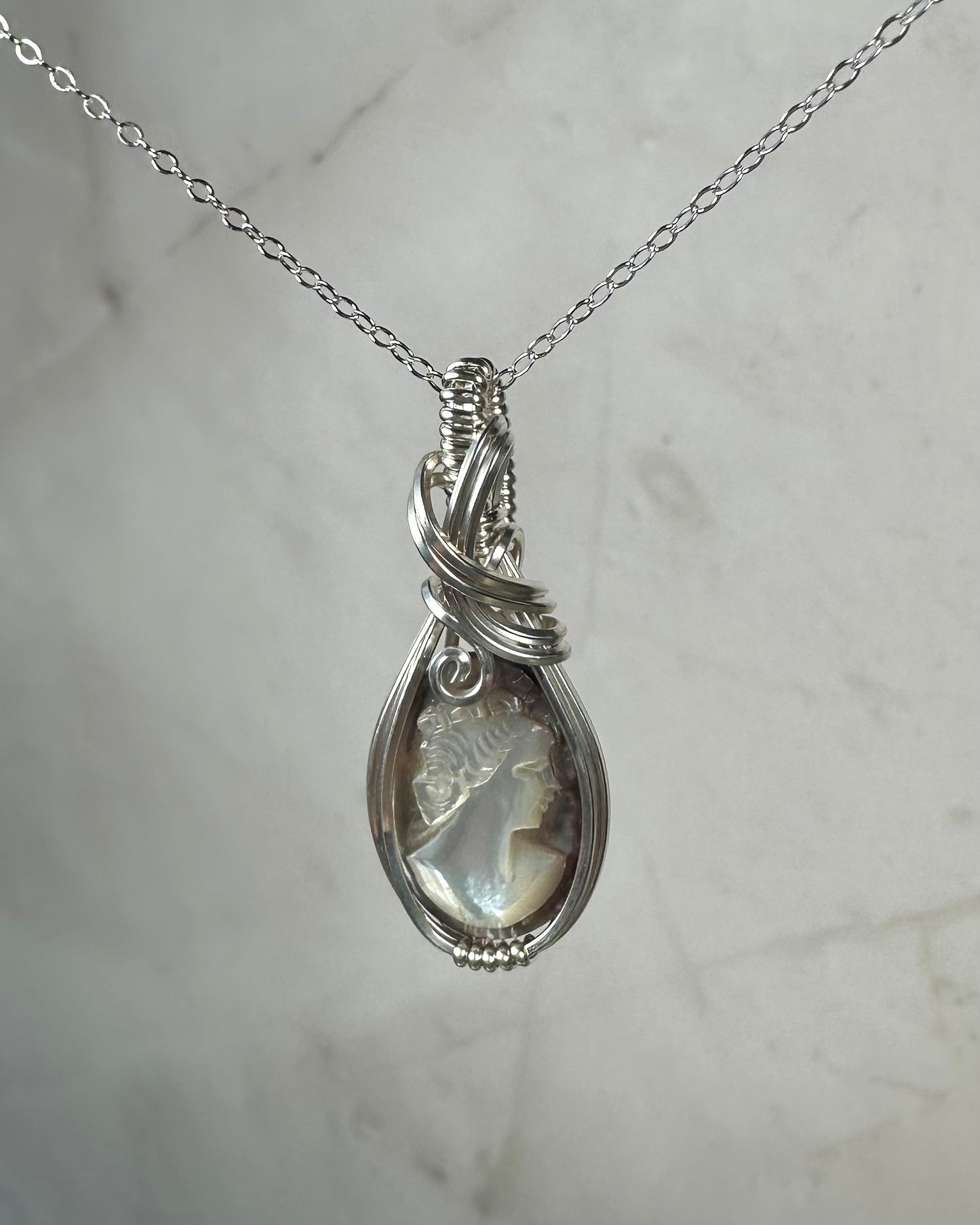 Sterling Silver Wire-Wrapped Vintage Mother of Pearl Carved Cameo Pendant