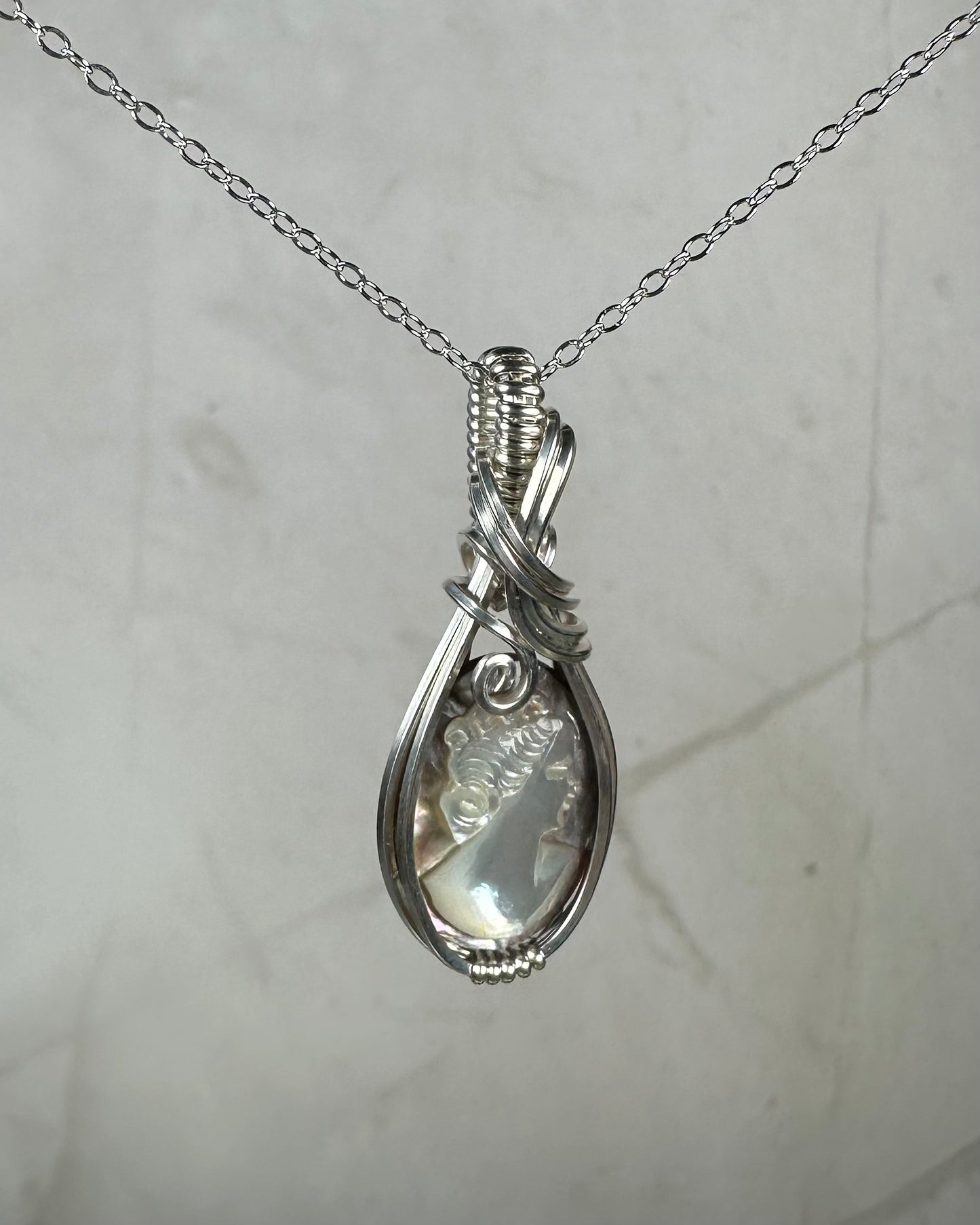Sterling Silver Wire-Wrapped Vintage Mother of Pearl Carved Cameo Pendant
