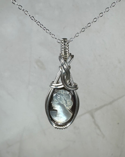 Sterling Silver Wire-Wrapped Vintage Mother of Pearl Carved Cameo Pendant