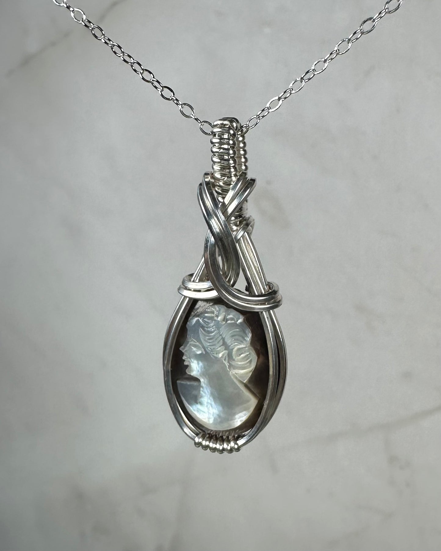 Sterling Silver Wire-Wrapped Vintage Mother of Pearl Carved Cameo Pendant