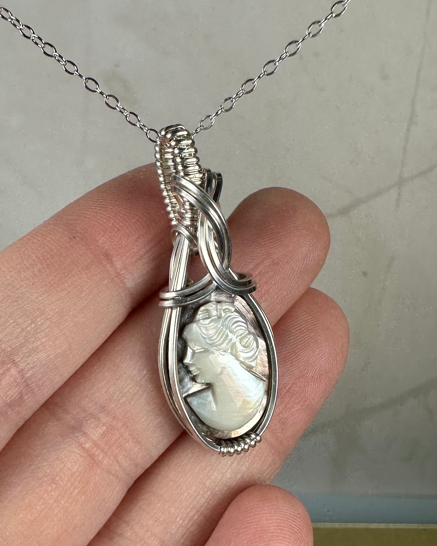 Sterling Silver Wire-Wrapped Vintage Mother of Pearl Carved Cameo Pendant