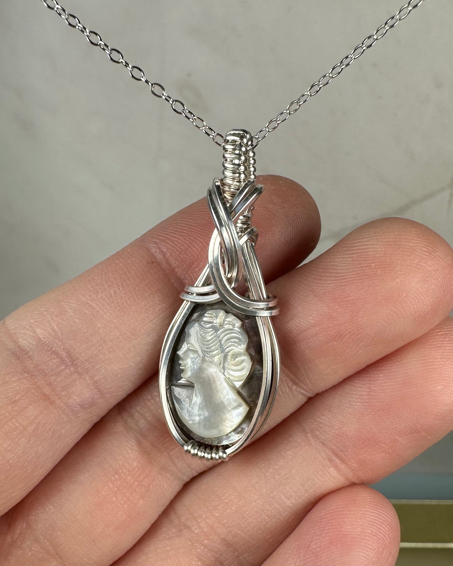 Sterling Silver Wire-Wrapped Vintage Mother of Pearl Carved Cameo Pendant