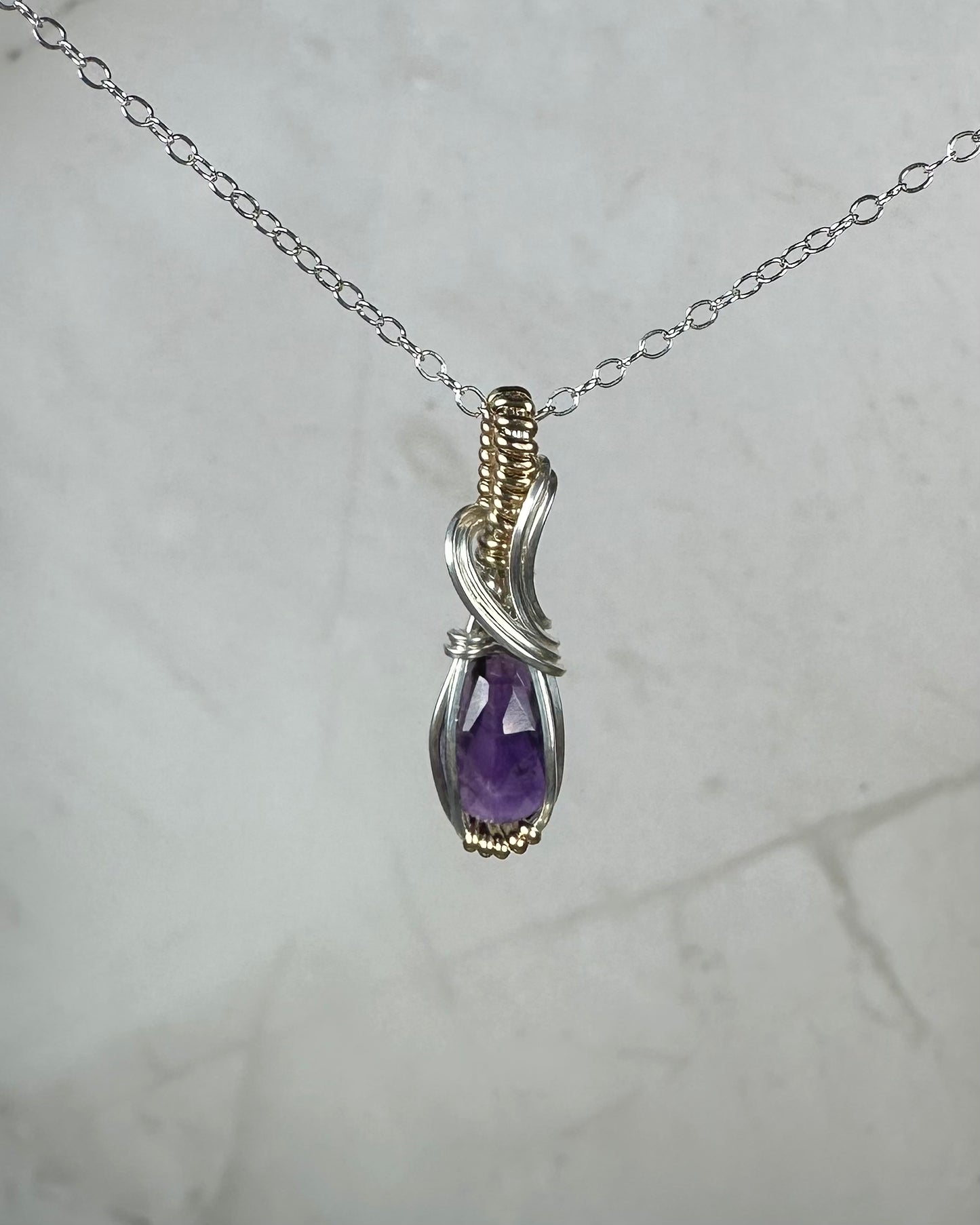 Rosecut Amethyst Pendant Wire-Wrapped in Sterling Silver and 14k Goldfilled Wire