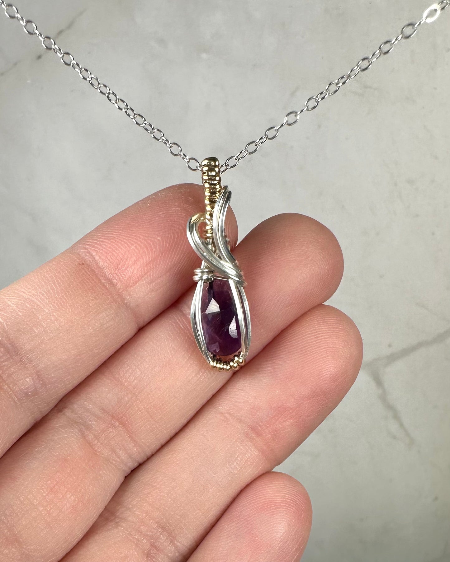Rosecut Amethyst Pendant Wire-Wrapped in Sterling Silver and 14k Goldfilled Wire