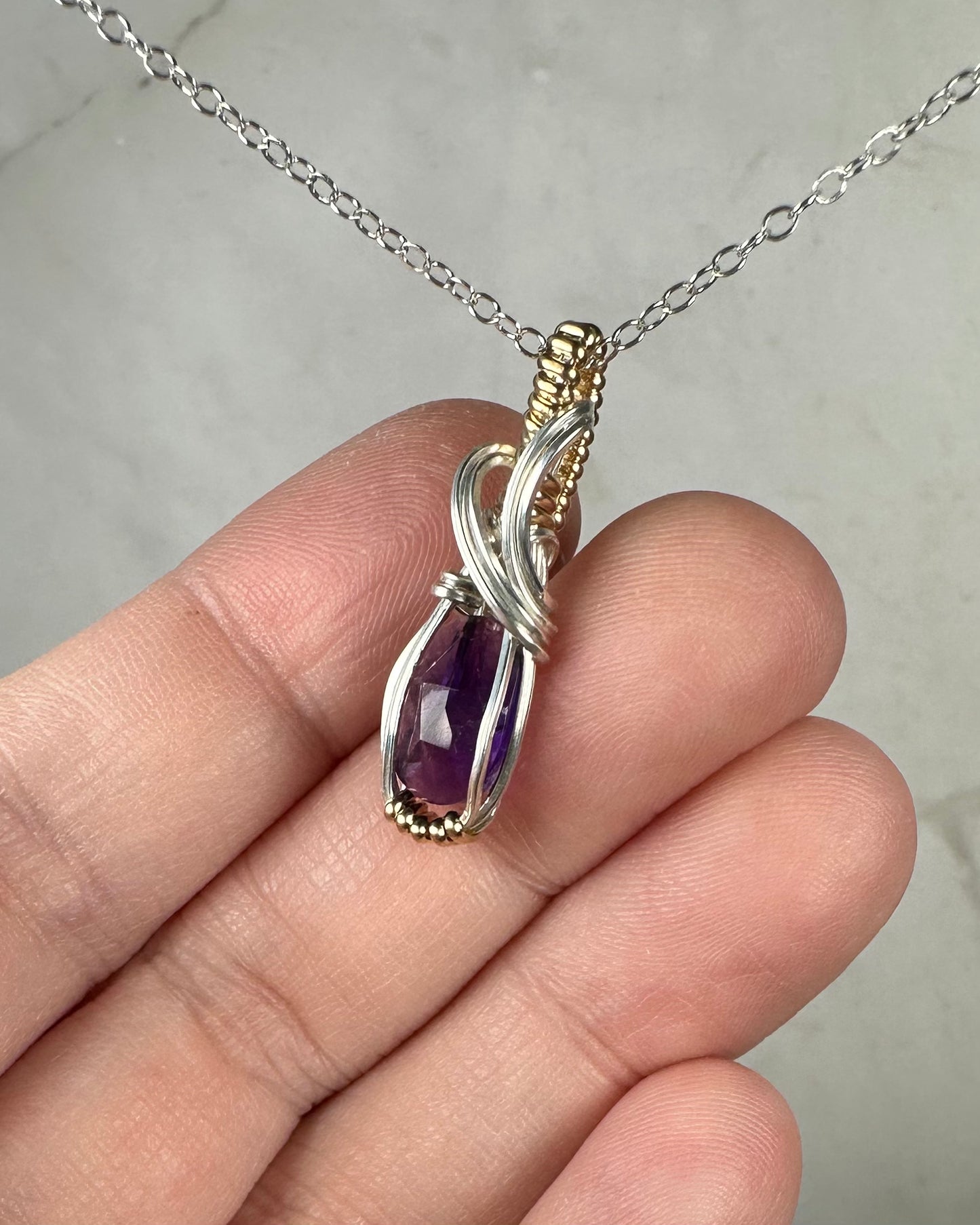 Rosecut Amethyst Pendant Wire-Wrapped in Sterling Silver and 14k Goldfilled Wire
