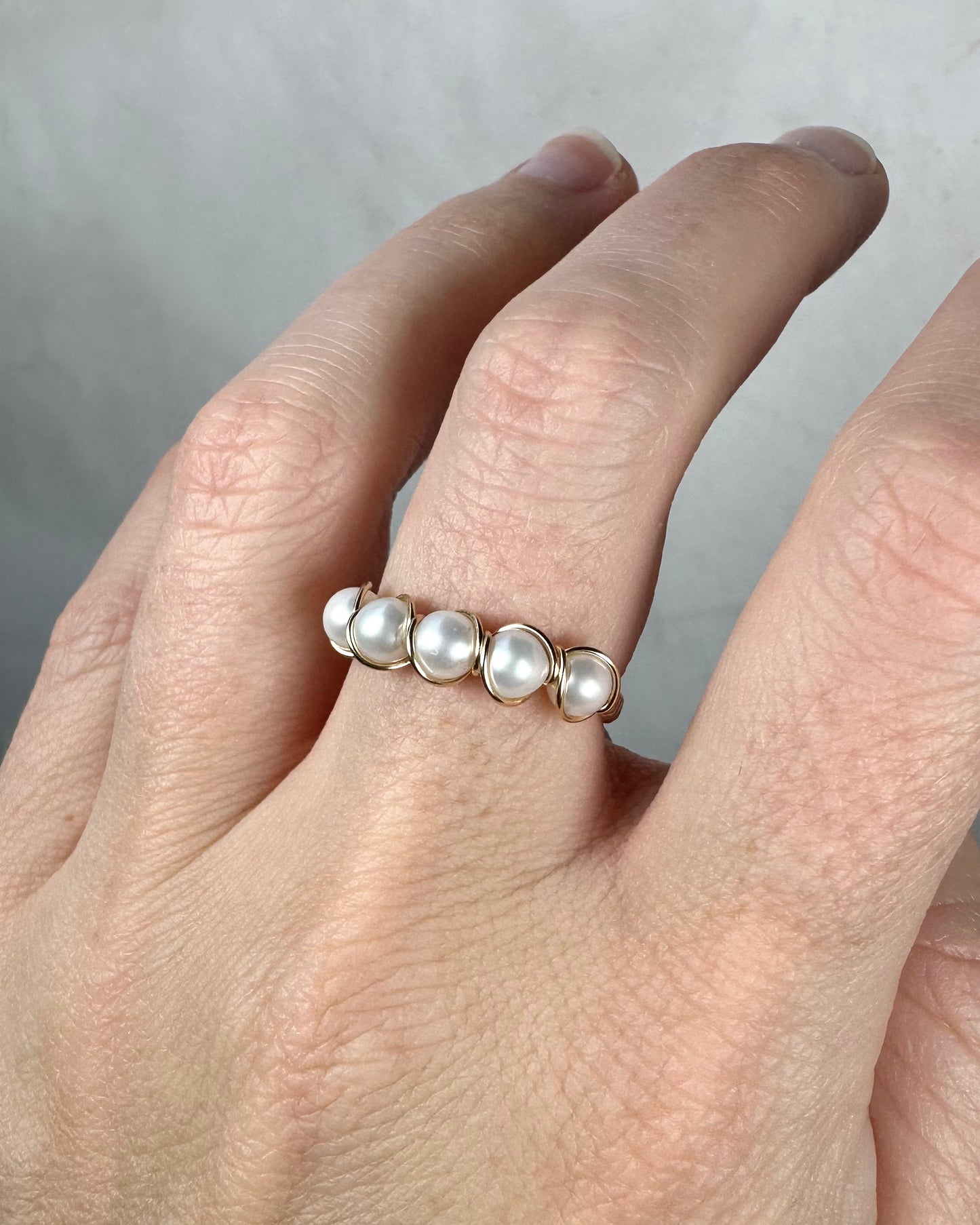 Wire-Wrapped 14k Goldfilled Five-Pearl Ring, with Natural AAA-Grade Cultured Akoya 4mm Pearls