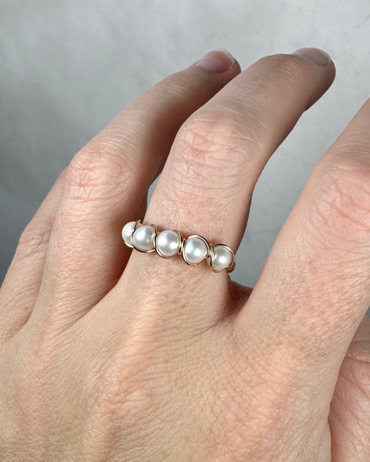 Wire-Wrapped 14k Goldfilled Five-Pearl Ring, with Natural AAA-Grade Cultured Akoya 4mm Pearls