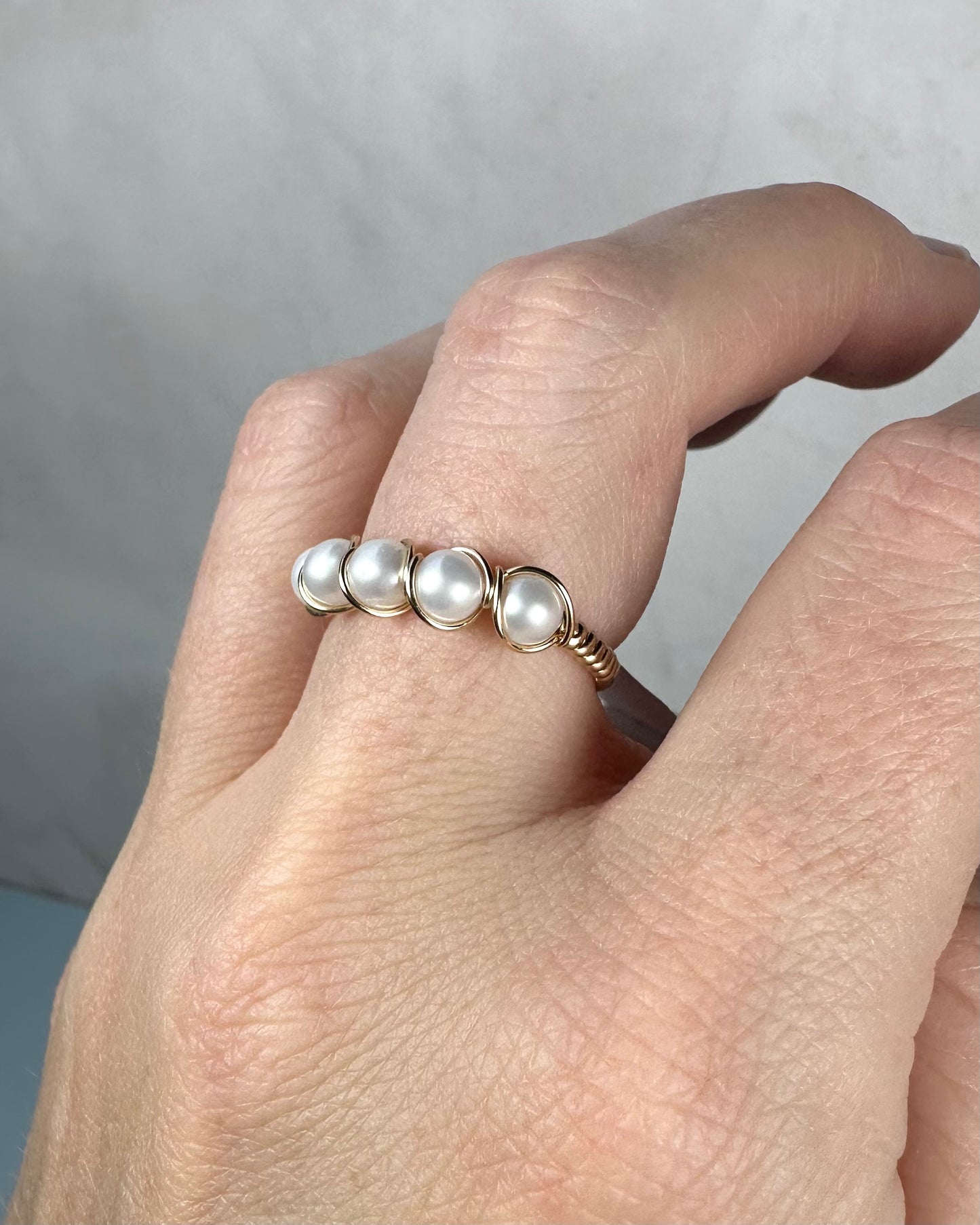 Wire-Wrapped 14k Goldfilled Five-Pearl Ring, with Natural AAA-Grade Cultured Akoya 4mm Pearls