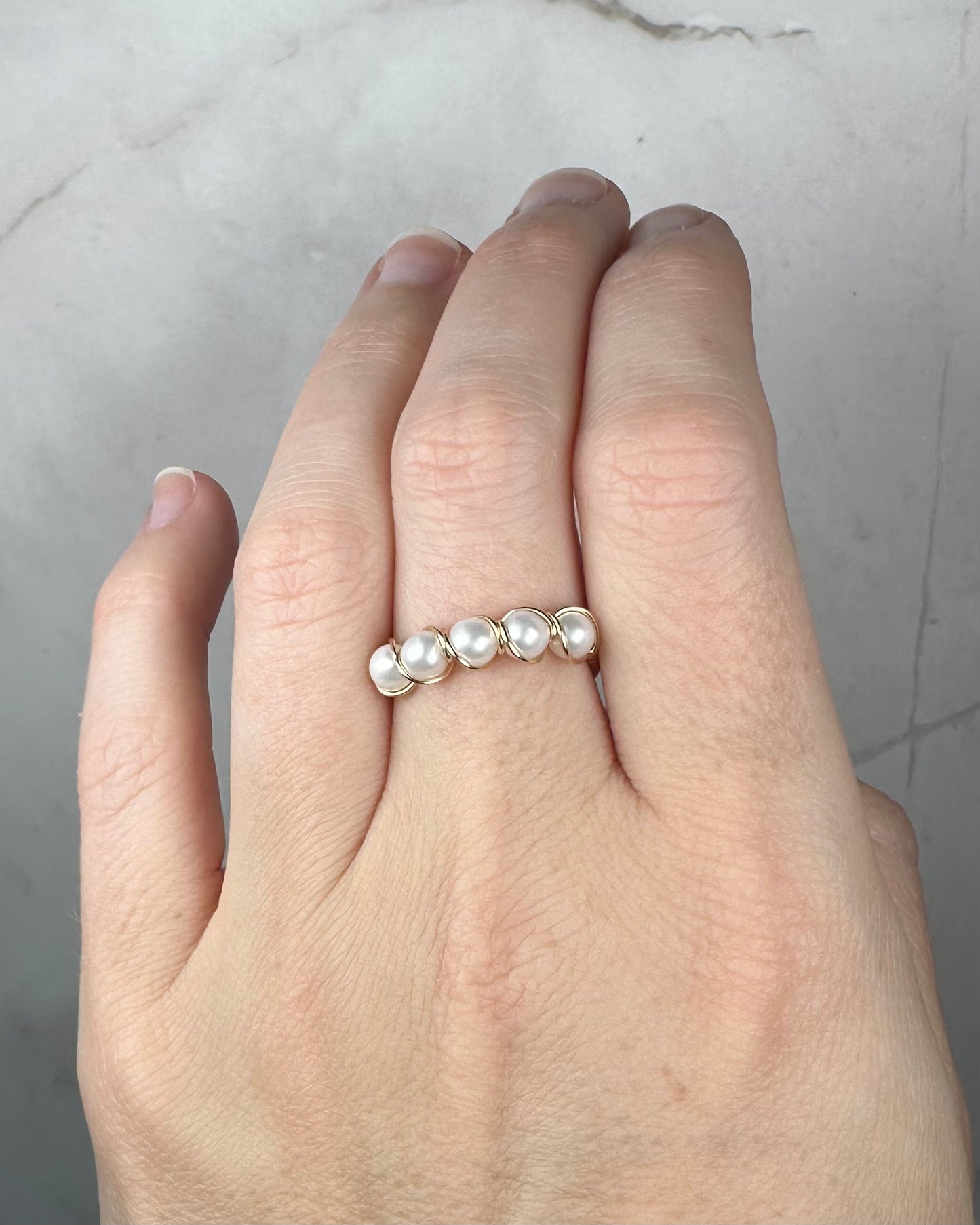 Wire-Wrapped 14k Goldfilled Five-Pearl Ring, with Natural AAA-Grade Cultured Akoya 4mm Pearls
