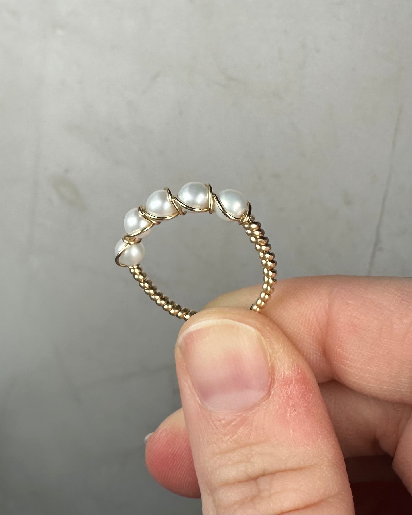 Wire-Wrapped 14k Goldfilled Five-Pearl Ring, with Natural AAA-Grade Cultured Akoya 4mm Pearls