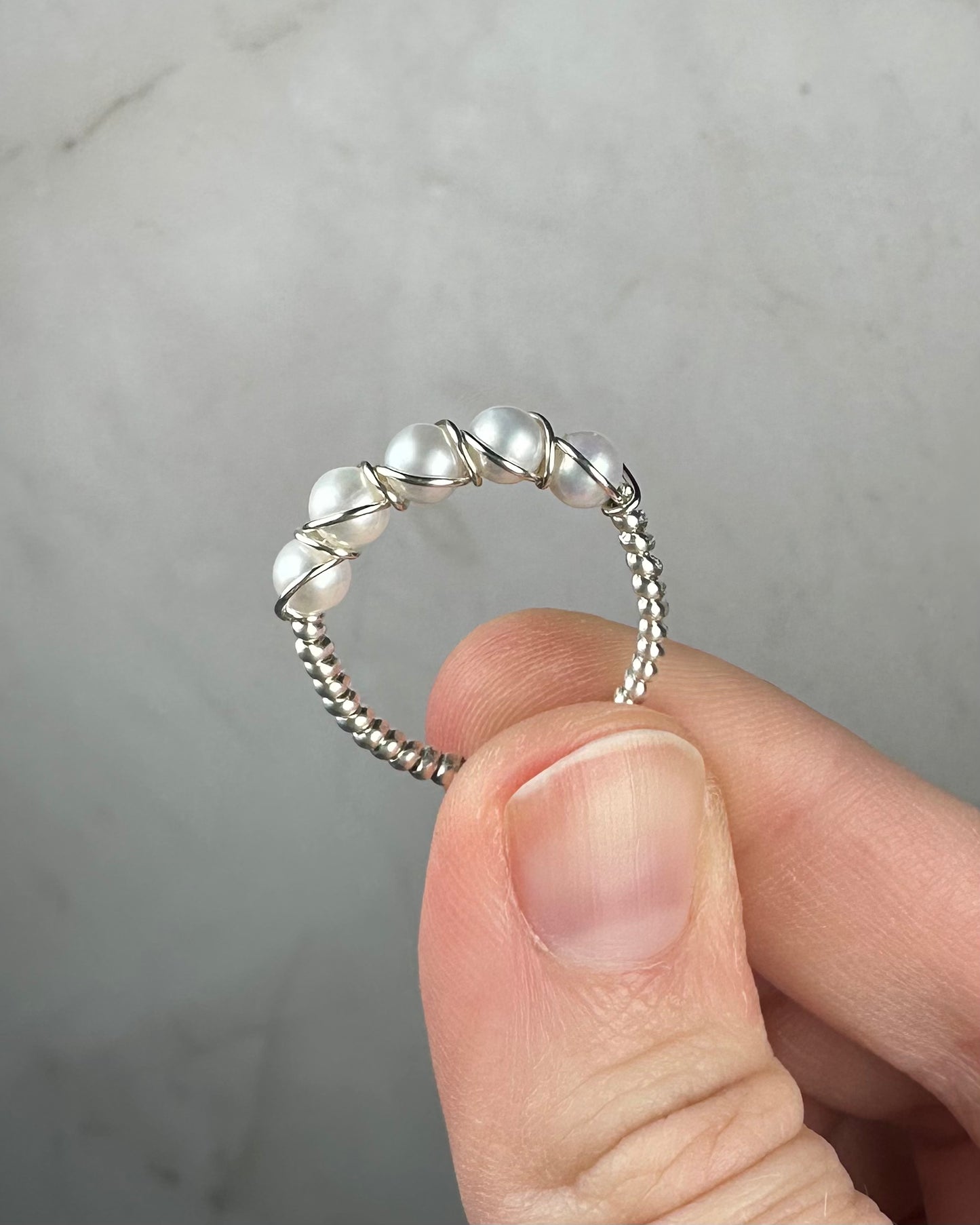 Wire-Wrapped Sterling Silver Five-Pearl Ring, with Natural AAA Grade Cultured Akoya 4mm Pearls