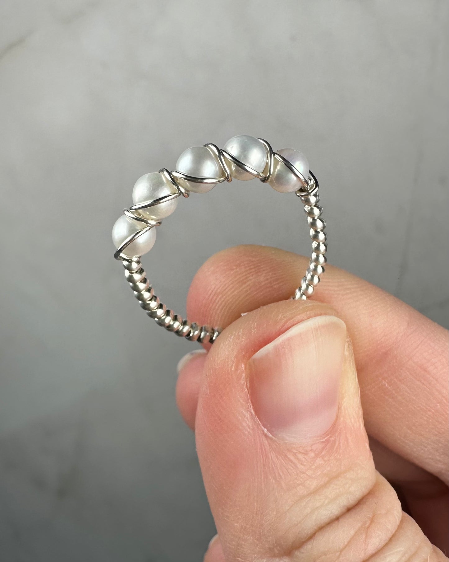 Wire-Wrapped Sterling Silver Five-Pearl Ring, with Natural AAA Grade Cultured Akoya 4mm Pearls