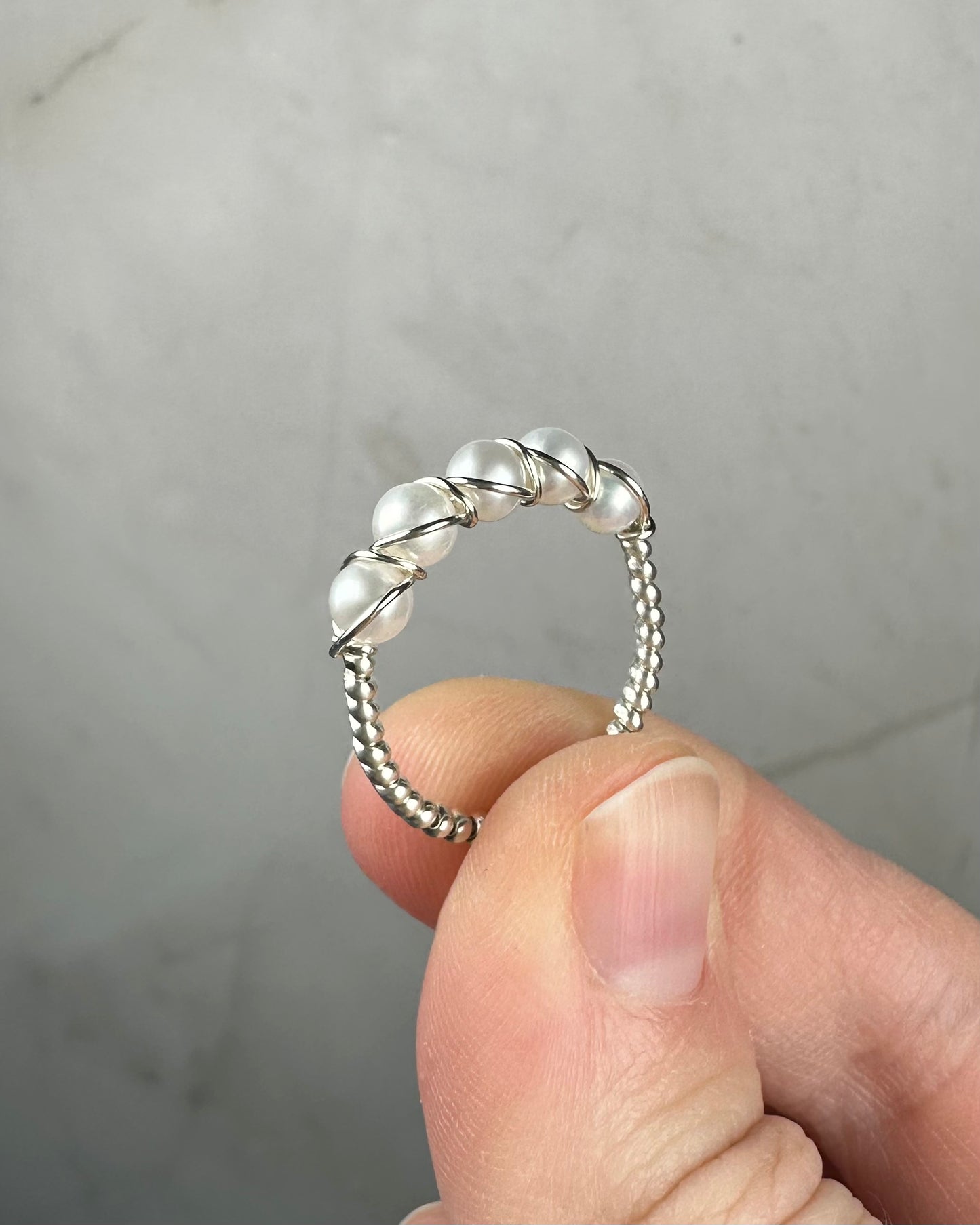 Wire-Wrapped Sterling Silver Five-Pearl Ring, with Natural AAA Grade Cultured Akoya 4mm Pearls