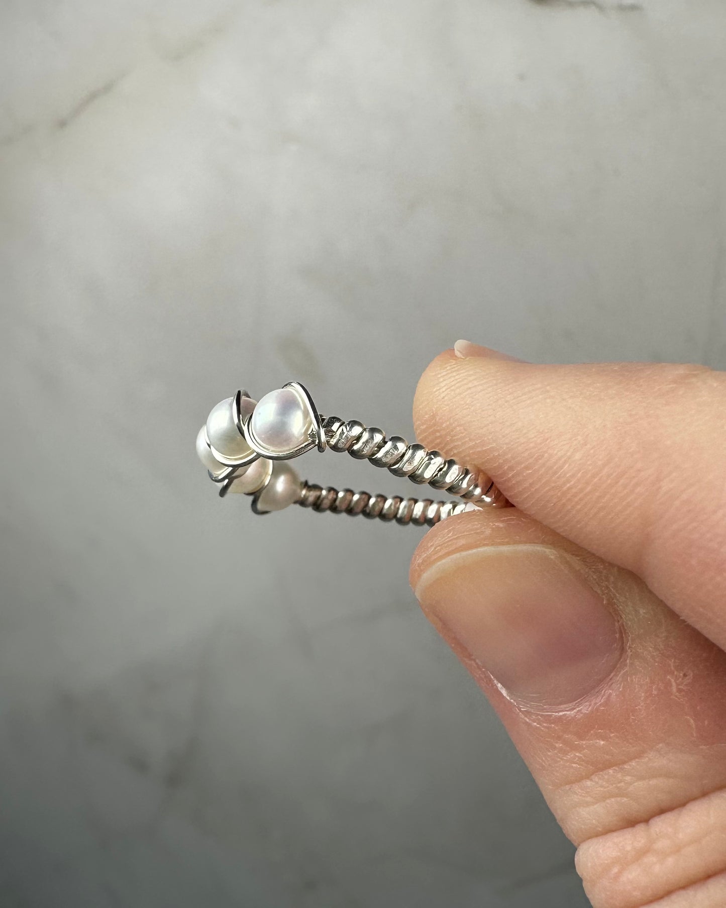 Wire-Wrapped Sterling Silver Five-Pearl Ring, with Natural AAA Grade Cultured Akoya 4mm Pearls