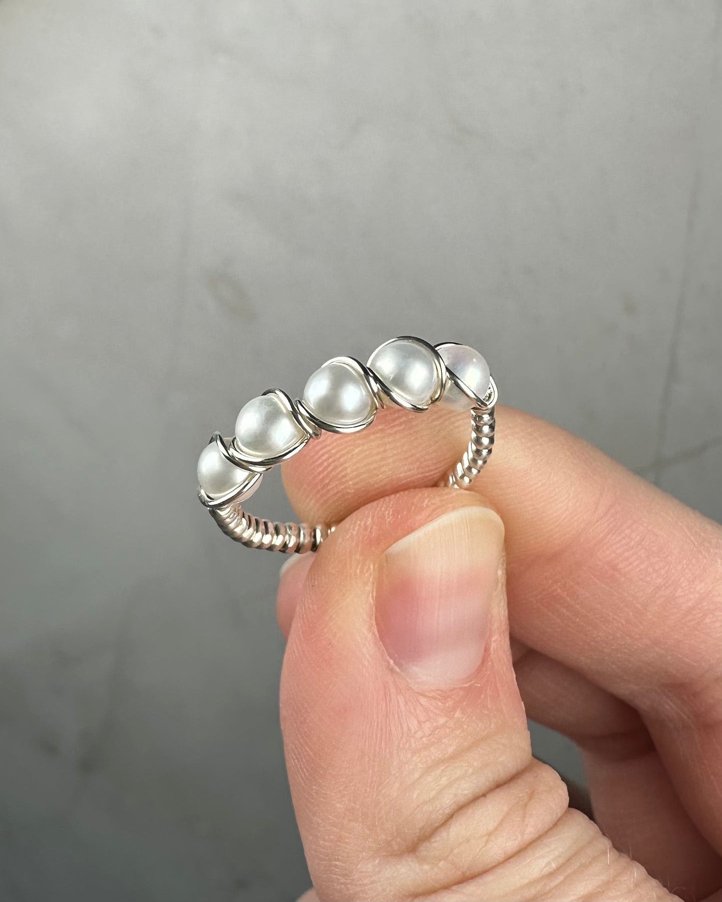 Wire-Wrapped Sterling Silver Five-Pearl Ring, with Natural AAA Grade Cultured Akoya 4mm Pearls