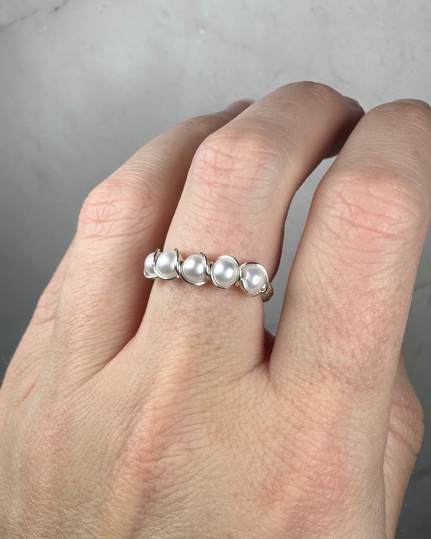 Wire-Wrapped Sterling Silver Five-Pearl Ring, with Natural AAA Grade Cultured Akoya 4mm Pearls