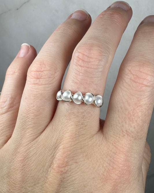Wire-Wrapped Sterling Silver Five-Pearl Ring, with Natural AAA Grade Cultured Akoya 4mm Pearls