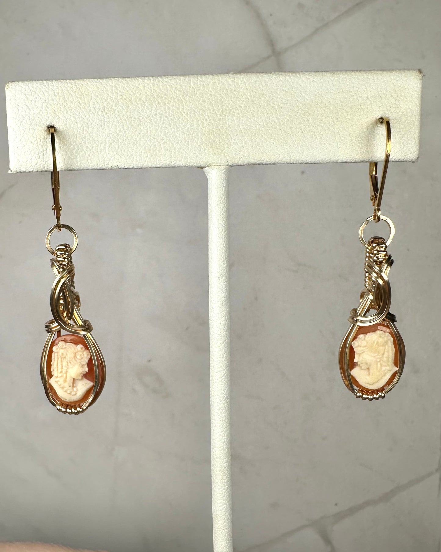Vintage Carved Shell Cameos of Women Dangle Earrings Wire-Wrapped in 14k Goldfill