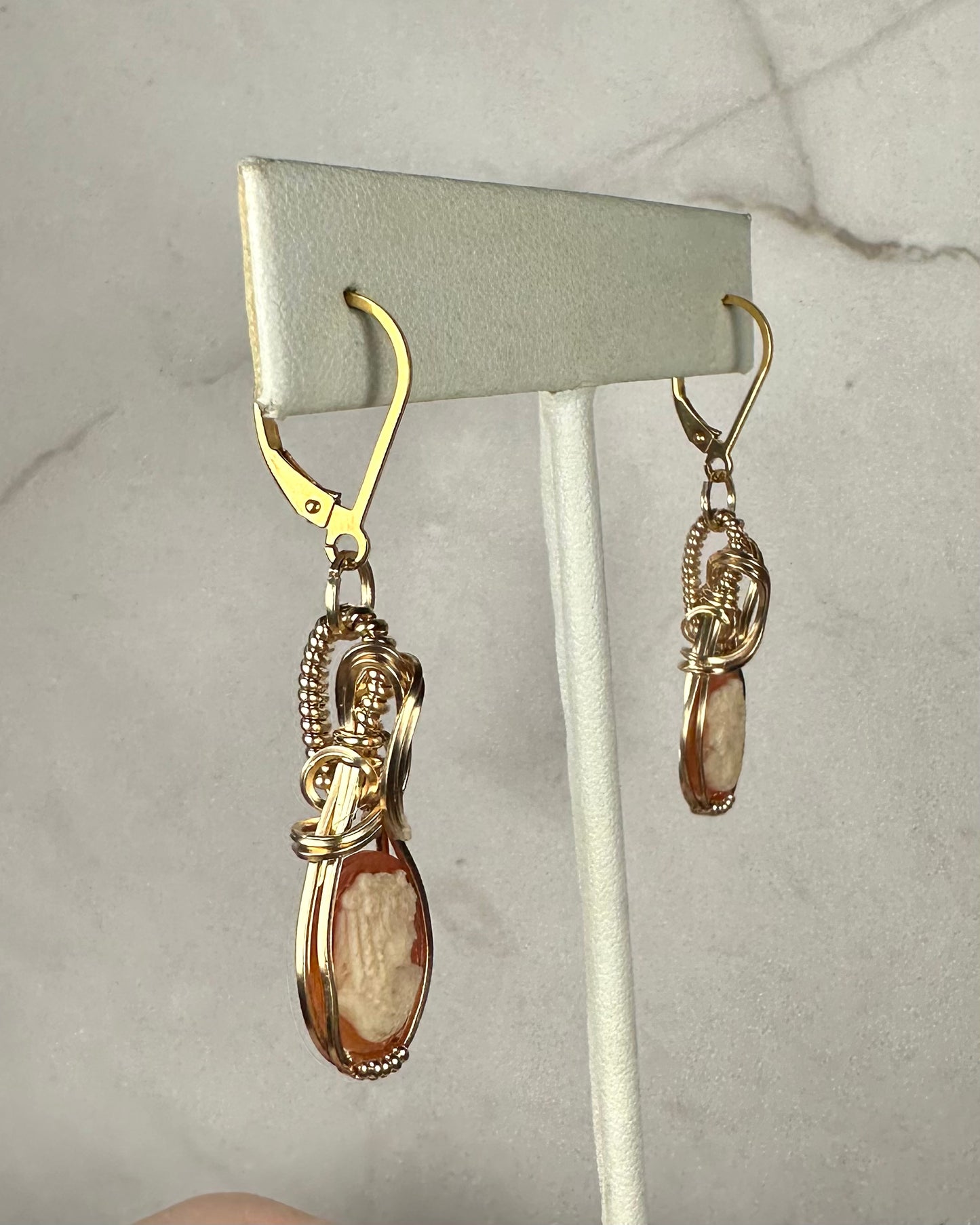 Vintage Carved Shell Cameos of Women Dangle Earrings Wire-Wrapped in 14k Goldfill