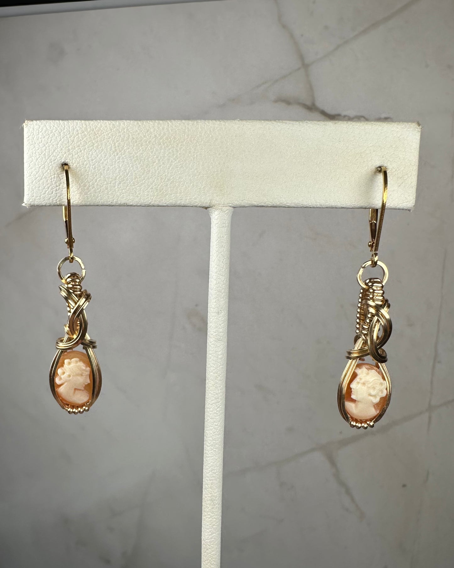 Vintage Carved Shell Cameos of Women Dangle Earrings Wire-Wrapped in 14k Goldfill