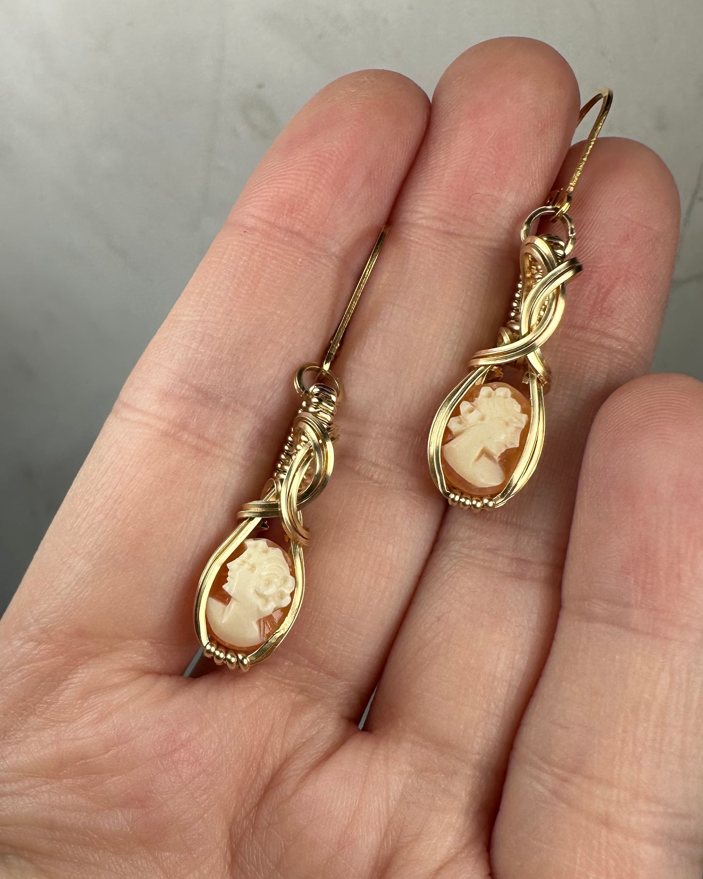 Vintage Carved Shell Cameos of Women Dangle Earrings Wire-Wrapped in 14k Goldfill