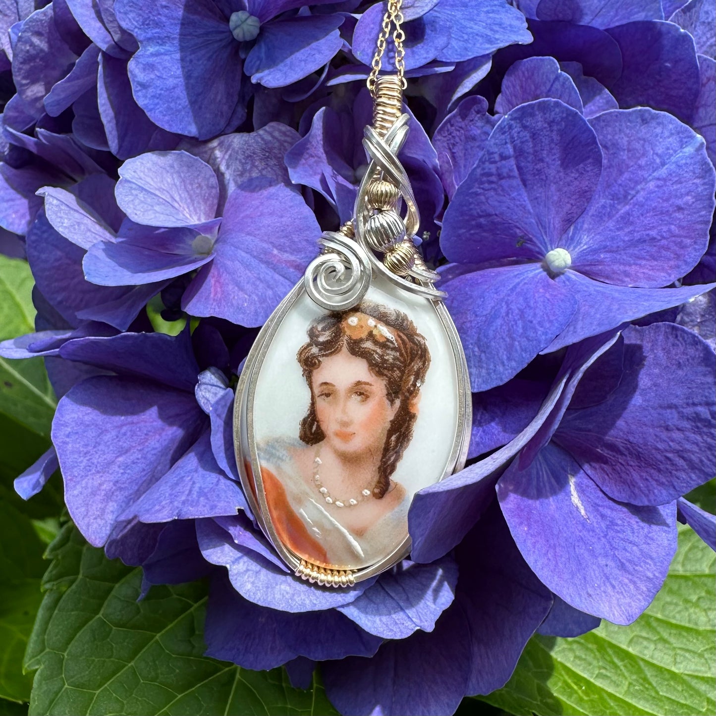 Vintage French Limoges Porcelain Cameo of Dark-Haired Woman Pendant Wrapped in Sterling Silver and 14k Goldfilled Wire