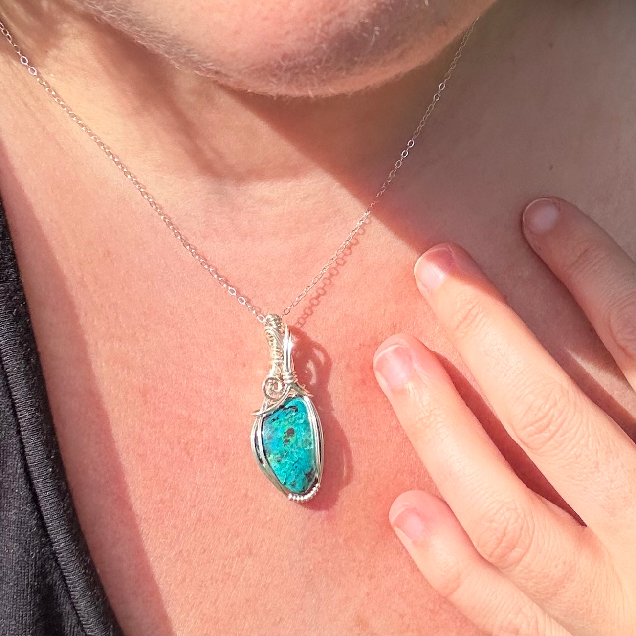 Parrot Wing Chrysocolla from Mexico Wrapped in Sterling Silver Wire