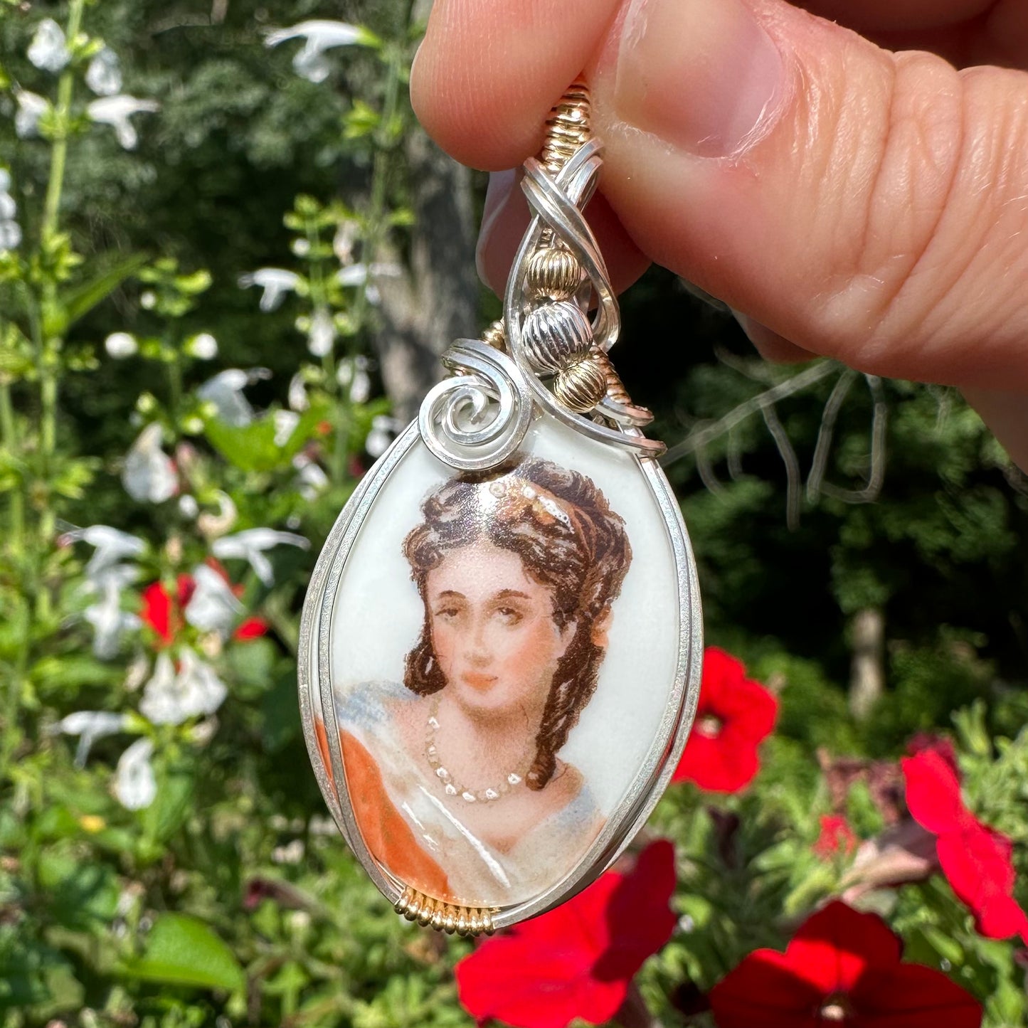 Vintage French Limoges Porcelain Cameo of Dark-Haired Woman Pendant Wrapped in Sterling Silver and 14k Goldfilled Wire