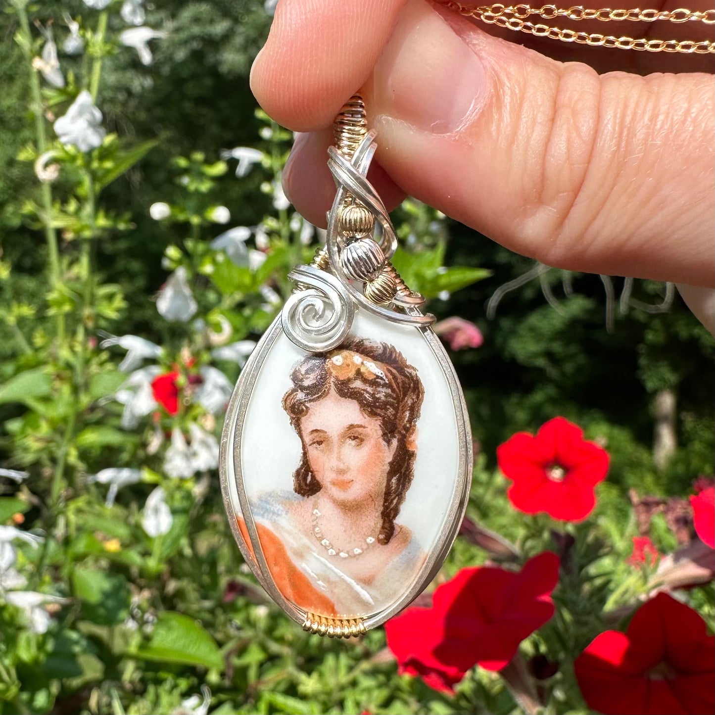 Vintage French Limoges Porcelain Cameo of Dark-Haired Woman Pendant Wrapped in Sterling Silver and 14k Goldfilled Wire