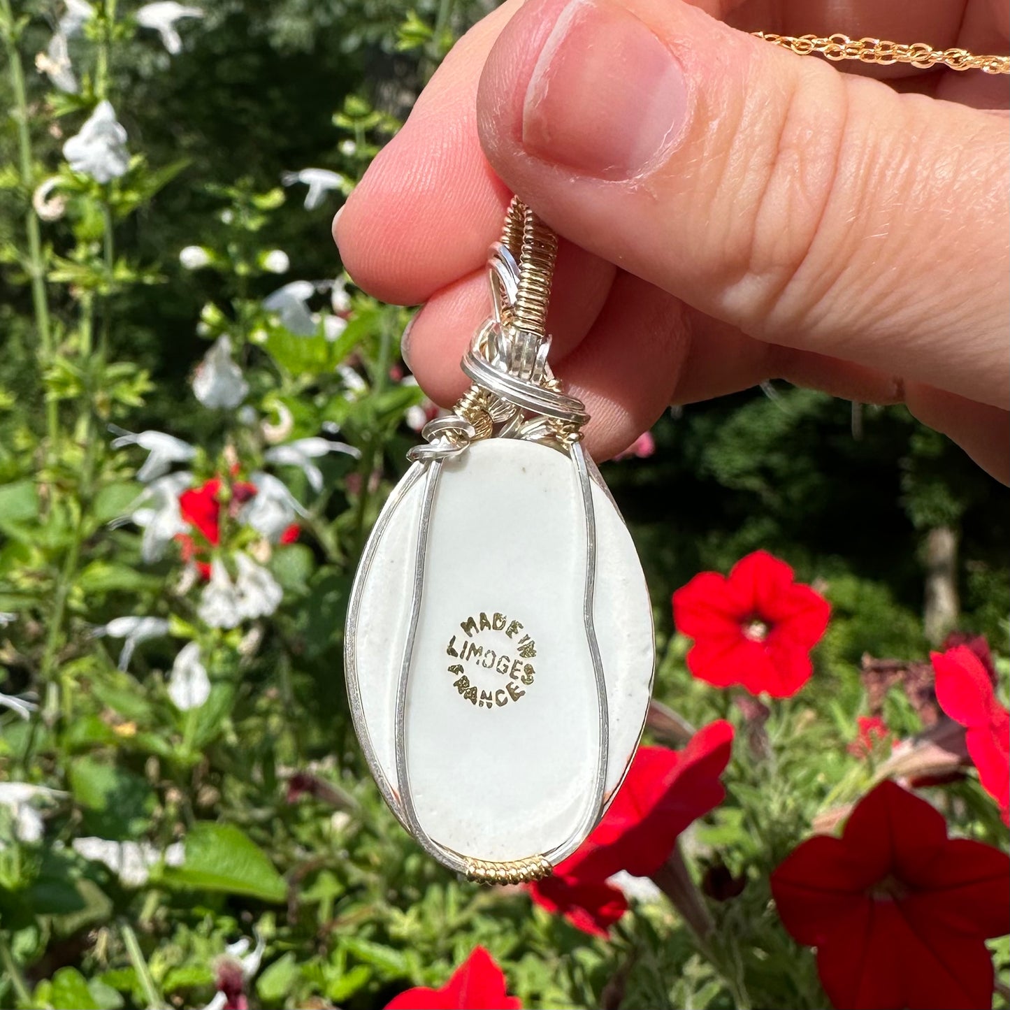 Vintage French Limoges Porcelain Cameo of Dark-Haired Woman Pendant Wrapped in Sterling Silver and 14k Goldfilled Wire