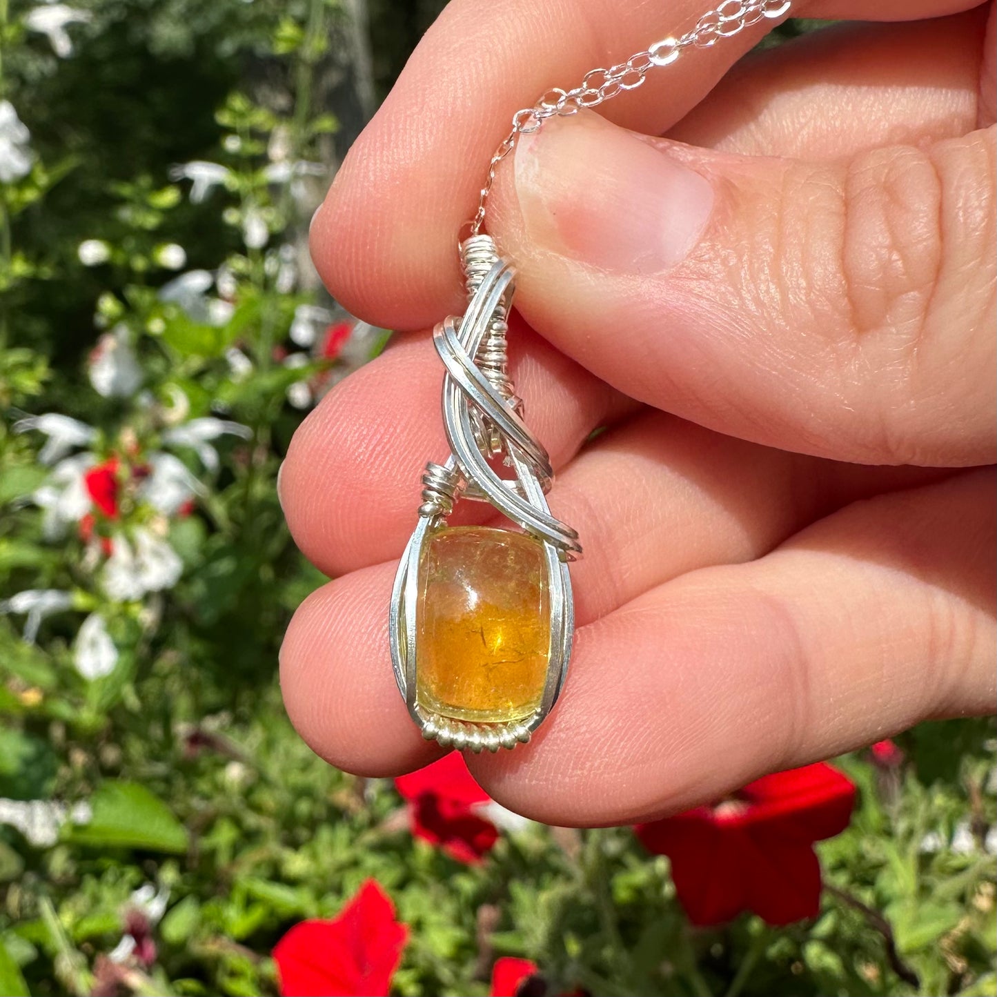 Green/Yellow Tourmaline Pendant Wrapped in Sterling Silver Wire