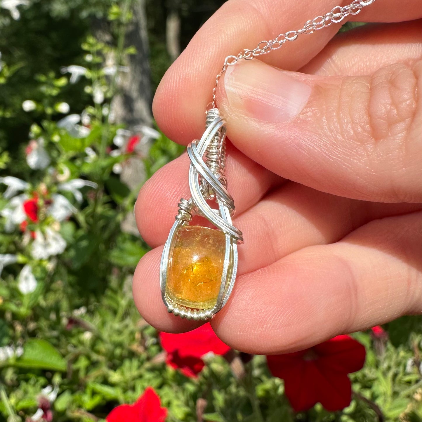 Green/Yellow Tourmaline Pendant Wrapped in Sterling Silver Wire