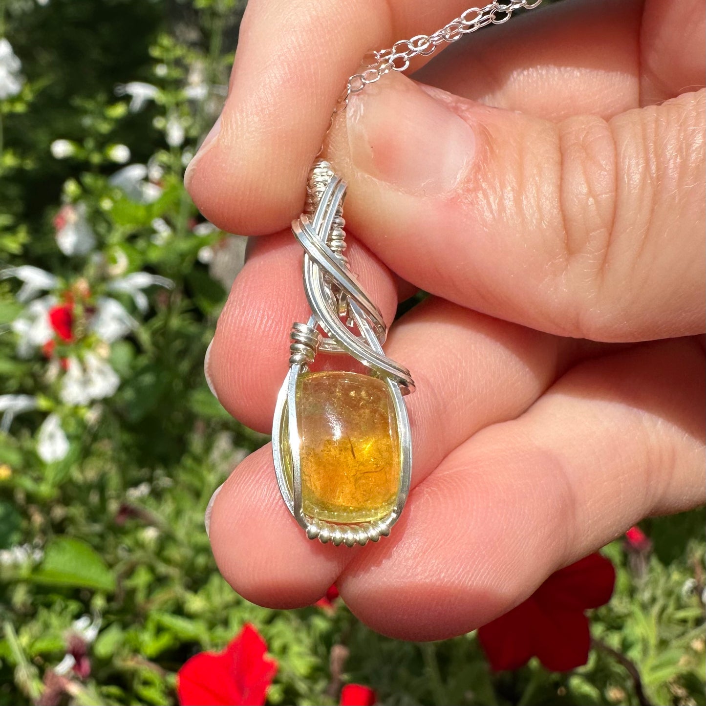 Green/Yellow Tourmaline Pendant Wrapped in Sterling Silver Wire