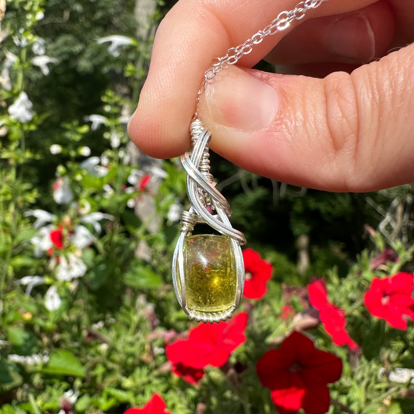 Green/Yellow Tourmaline Pendant Wrapped in Sterling Silver Wire