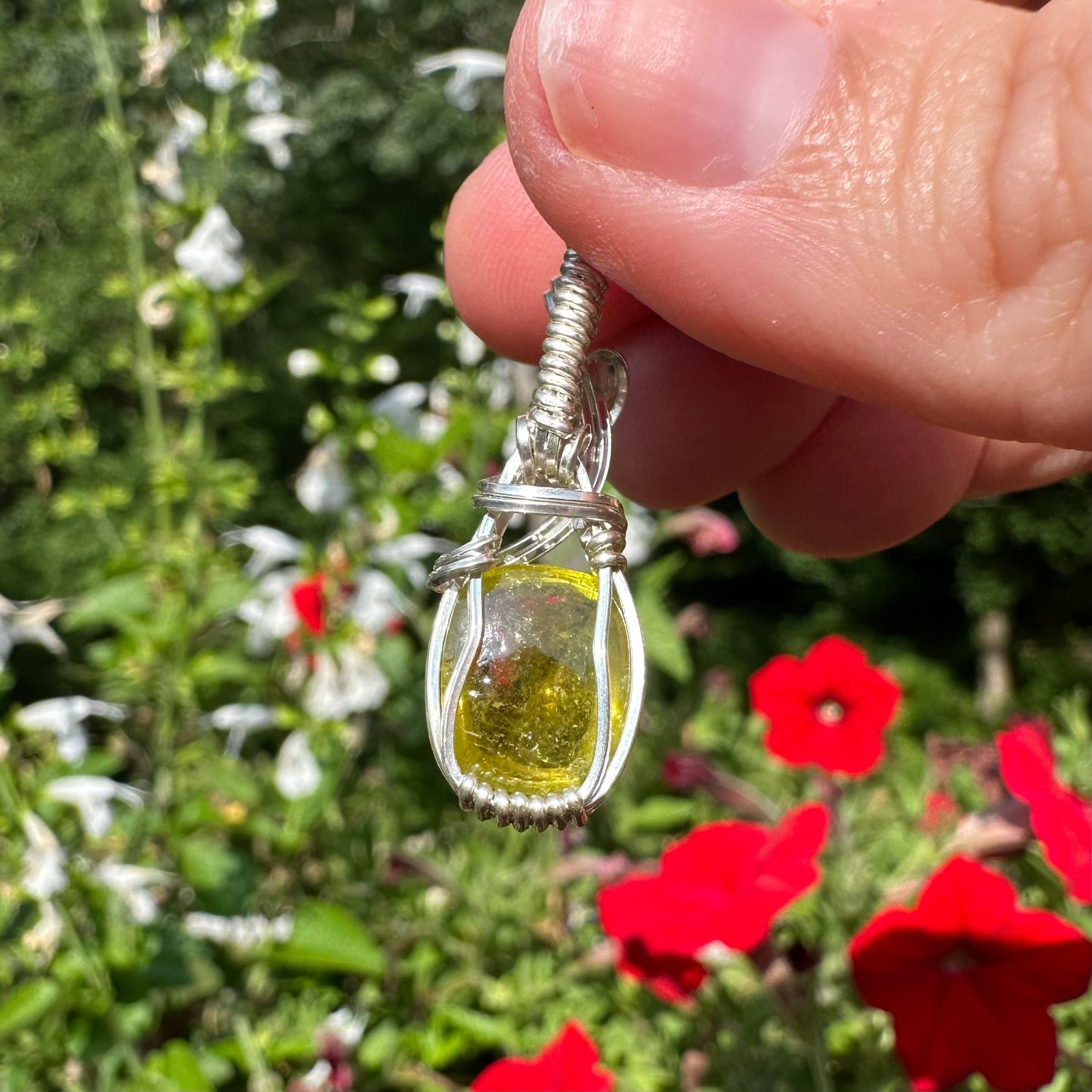 Green/Yellow Tourmaline Pendant Wrapped in Sterling Silver Wire