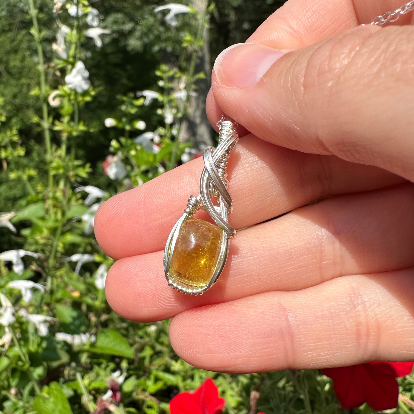 Green/Yellow Tourmaline Pendant Wrapped in Sterling Silver Wire