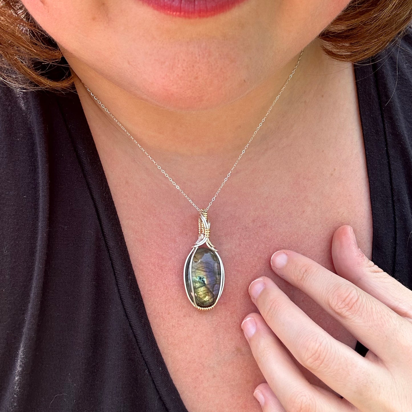 Flashy Labradorite Pendant Wrapped in Sterling Silver and 14k Goldfilled Wire