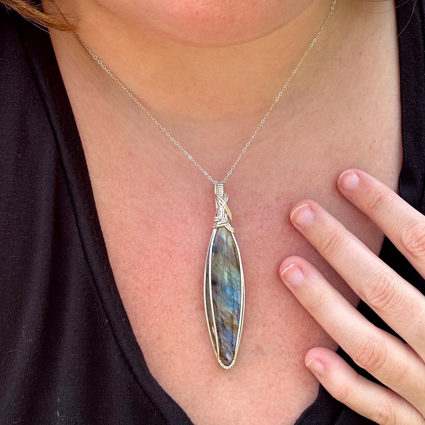 Wire-Wrapped Labradorite Statement Pendant in Sterling Silver Wire