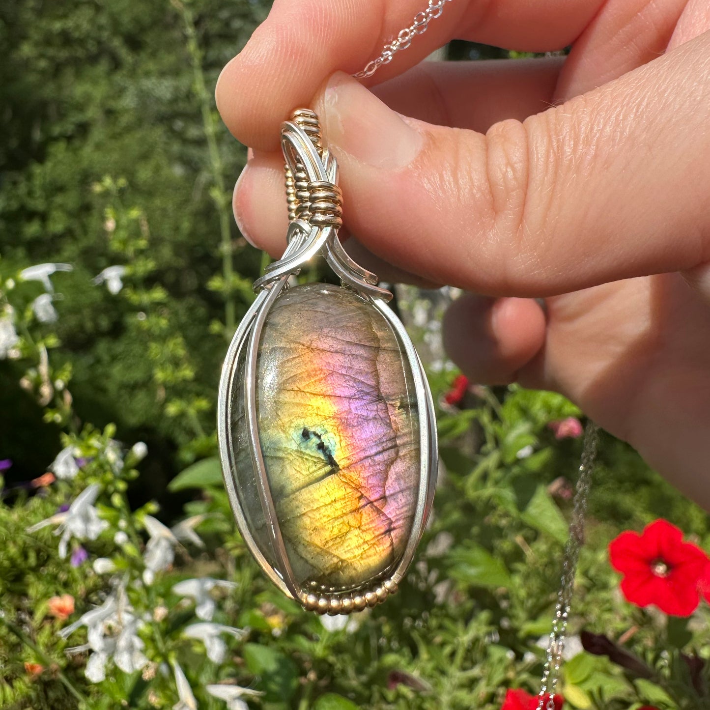 Flashy Labradorite Pendant Wrapped in Sterling Silver and 14k Goldfilled Wire