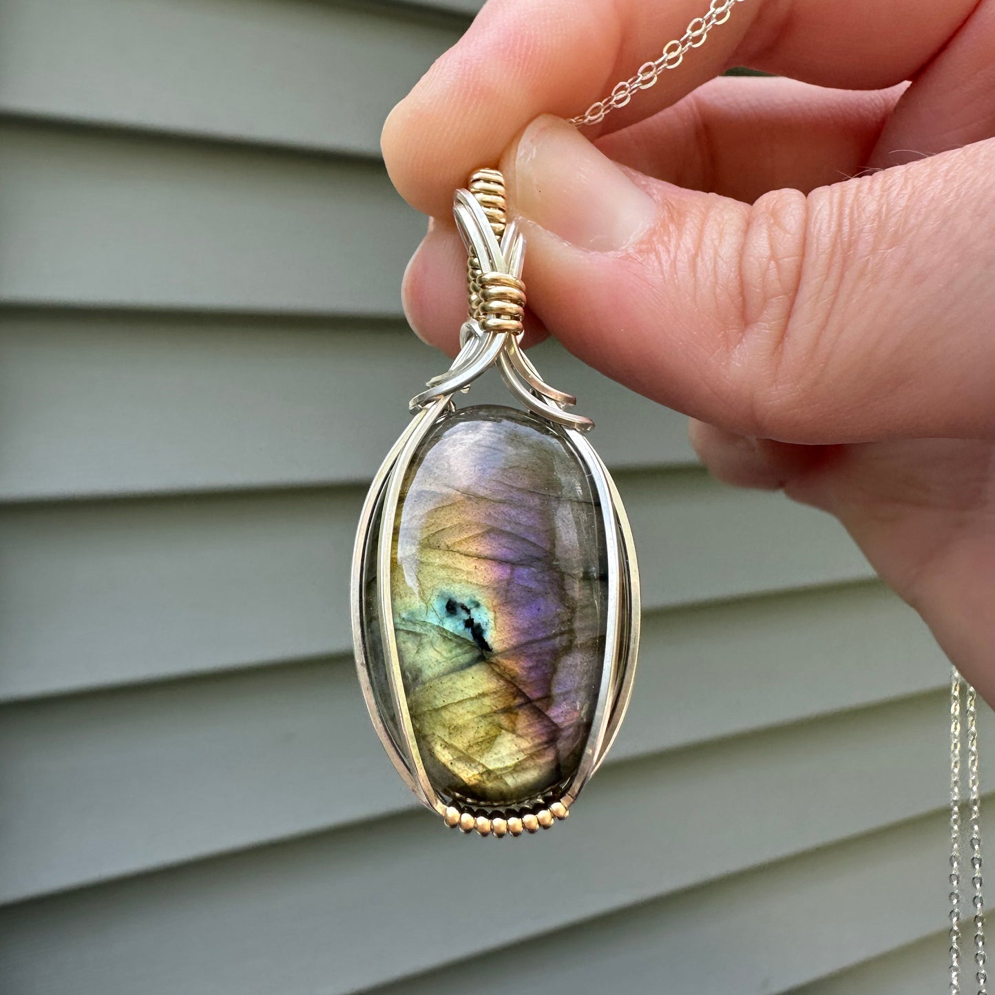 Flashy Labradorite Pendant Wrapped in Sterling Silver and 14k Goldfilled Wire