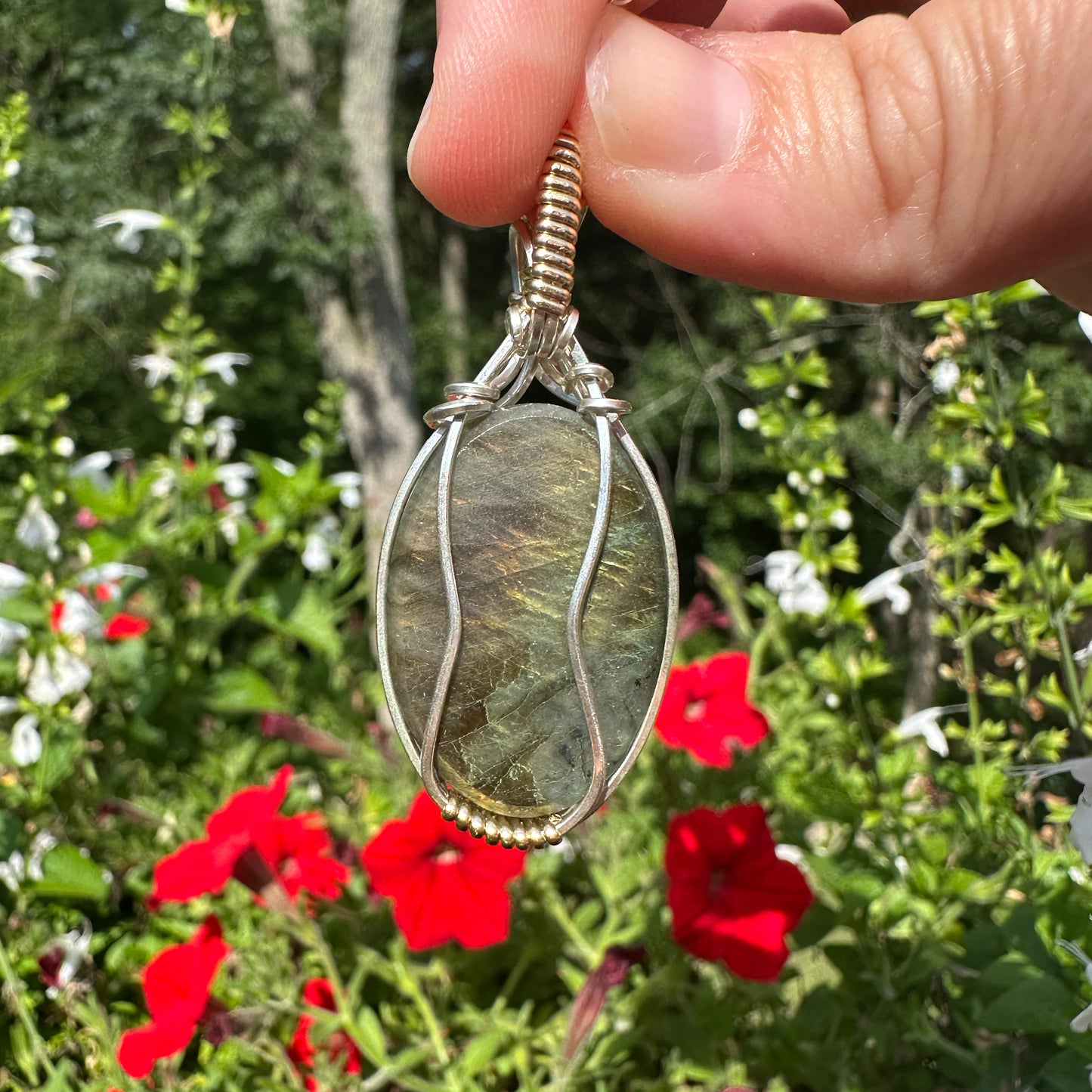 Flashy Labradorite Pendant Wrapped in Sterling Silver and 14k Goldfilled Wire