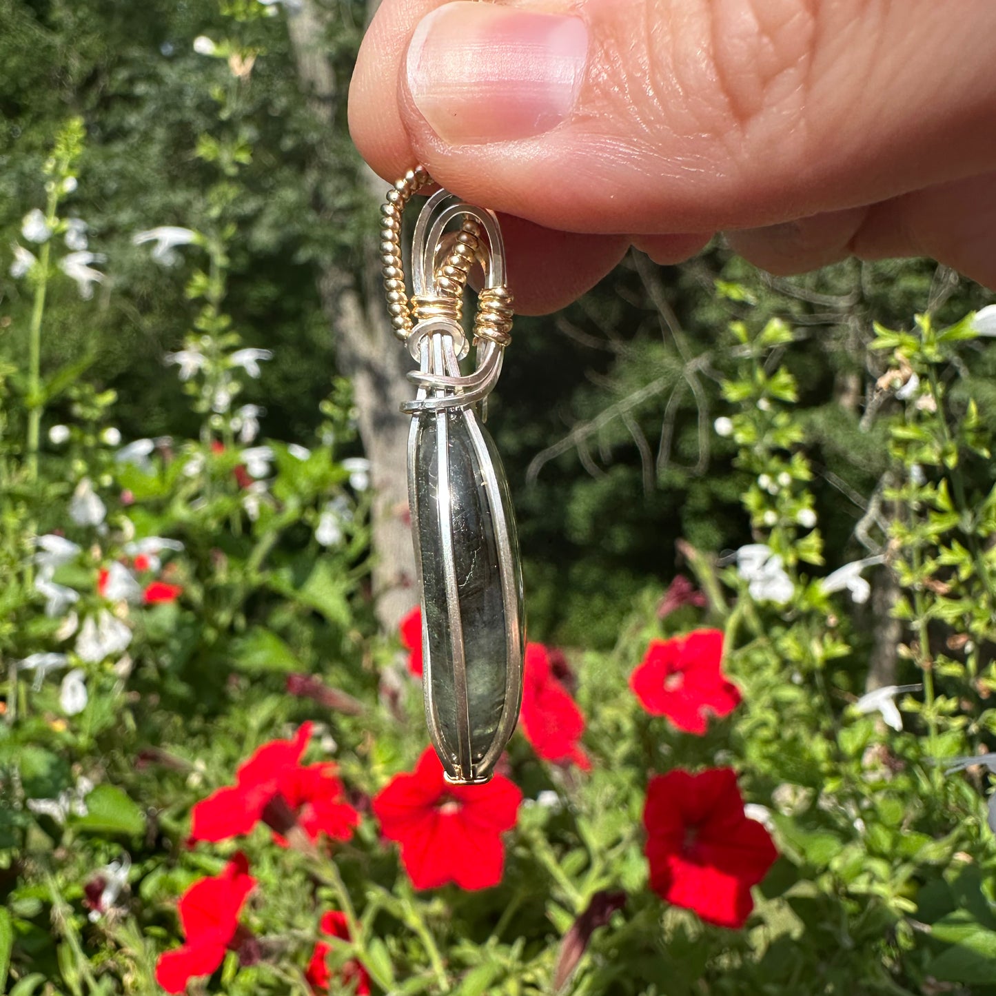 Flashy Labradorite Pendant Wrapped in Sterling Silver and 14k Goldfilled Wire